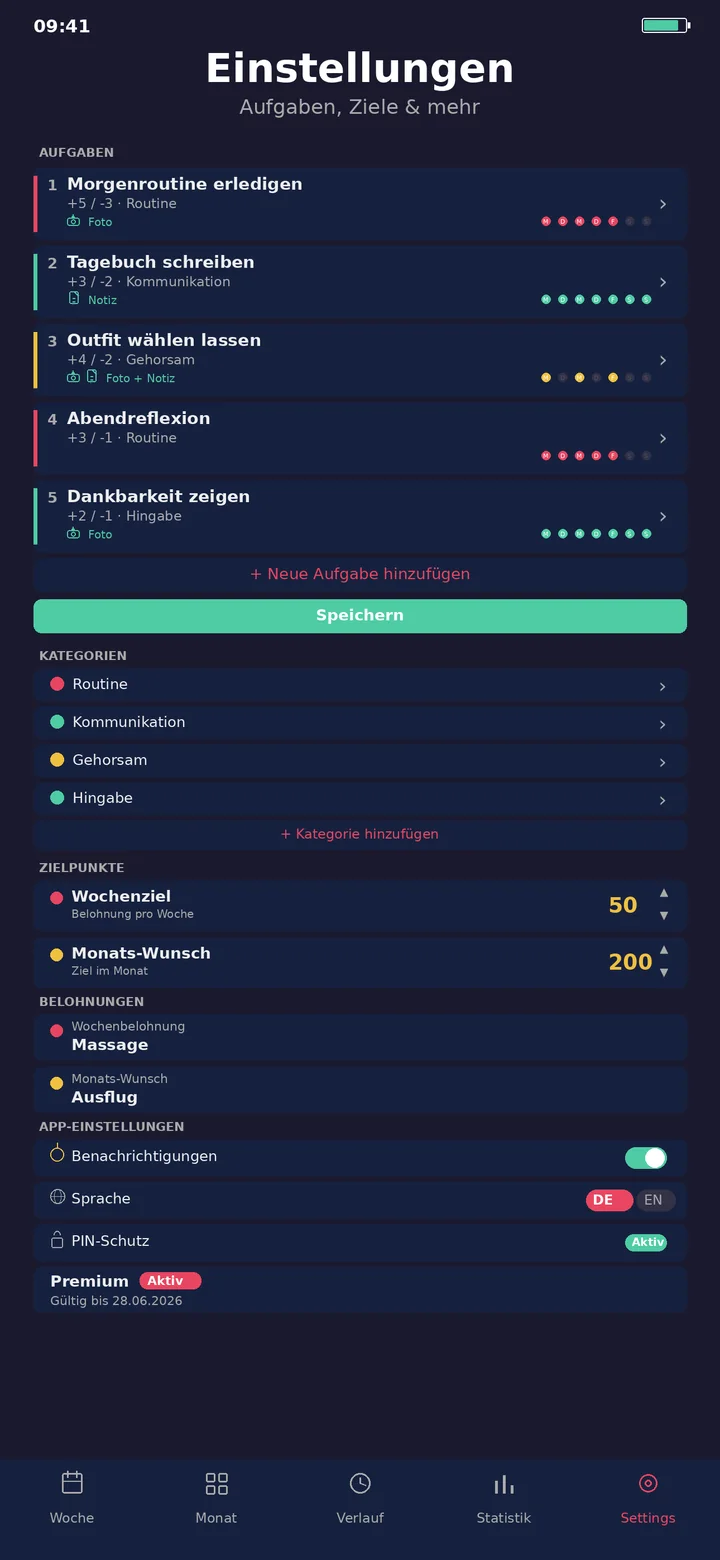 Aufgaben, Kategorien, Zielpunkte und Belohnungen einrichten