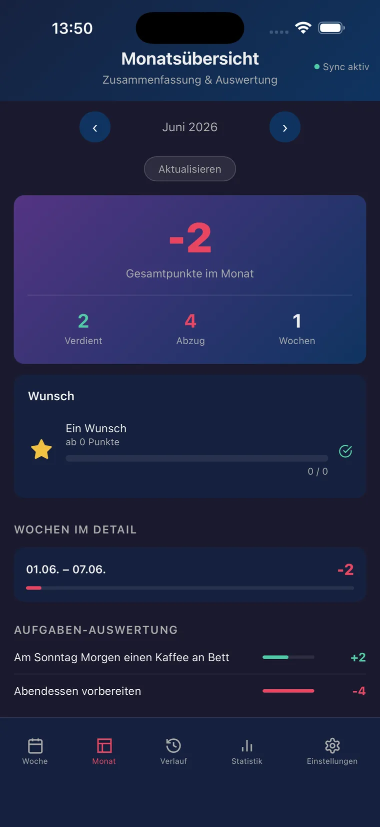Devotion app screenshot: monthly overview with progress and points