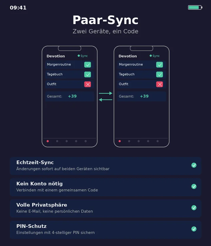 Paar-Sync: zwei Geräte, ein Code — Echtzeit-Sync ohne Konto