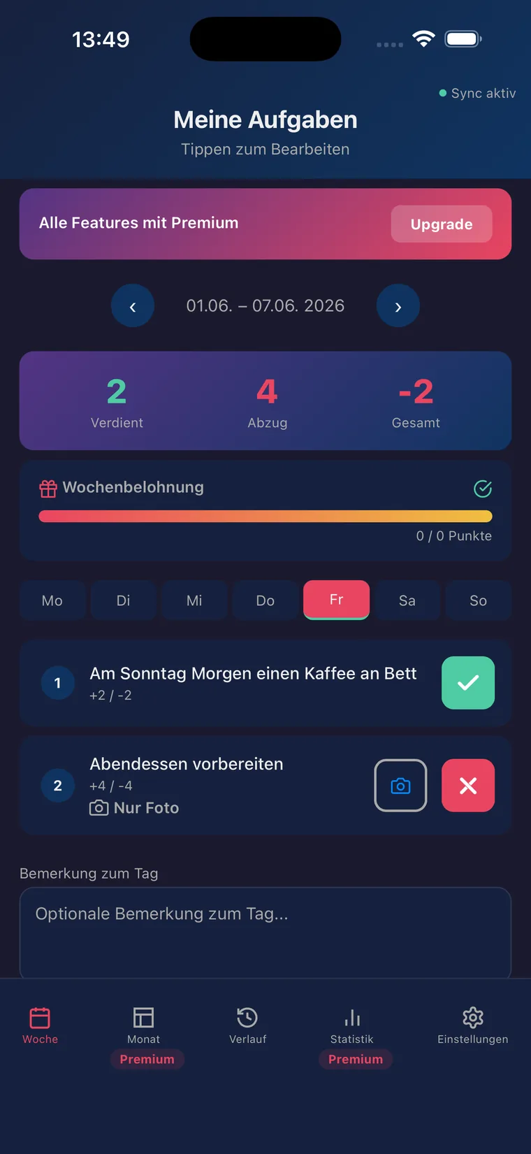 Devotion app screenshot: weekly view with D/s tasks and points